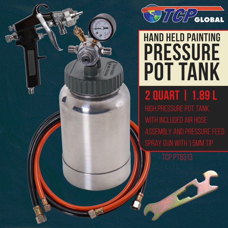 TCP Global 2 Quart Heavy Duty Steel Pressure Pot Paint Tank with Screw on Lid, Regulator, Pressure Gauge, Spray Gun & Hoses for Casting, Painting & Autobody Work Medium Volume - Image 2